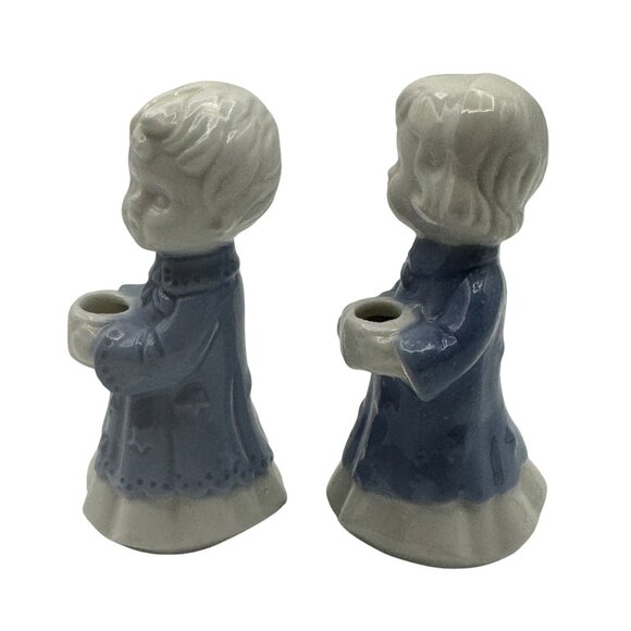 Vintage Ceramic Boy & Girl Figurine Candle Holders 4.5 Blue & White Collectible - Picture 3 of 6